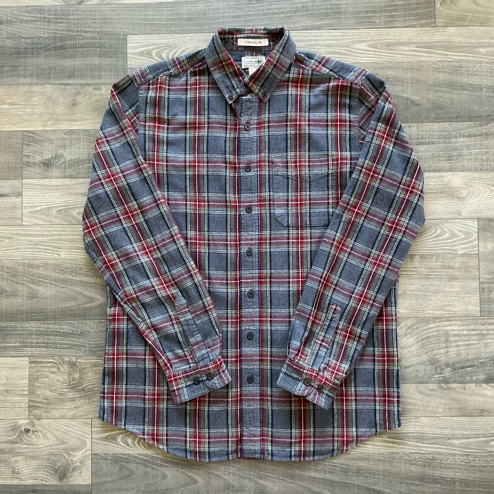 LL Bean Scotch Flannel Shirt Men’s MEDIUM TALL MT Grey Red Black Plaid 228066
